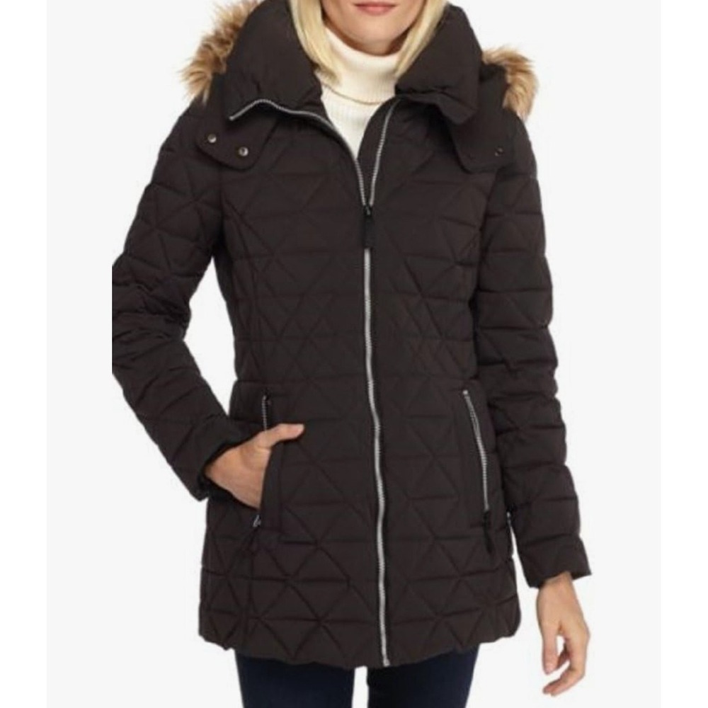 Andrew Marc New York Black‎ Quilted Faux Fur Hooded Jacket Zip Up Coat Size M